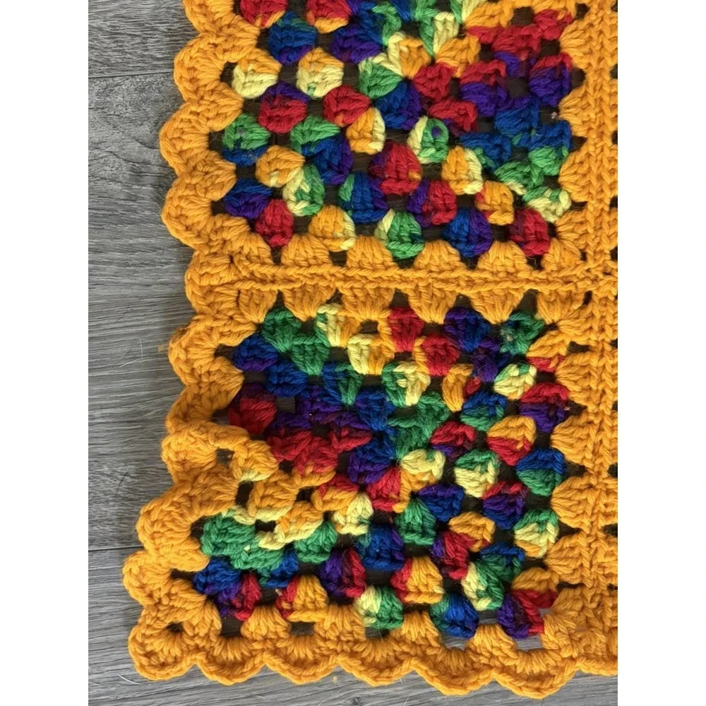 Vintage Orange Granny Square Handmade Crochet Knit Afghan Throw Blanket 46x66